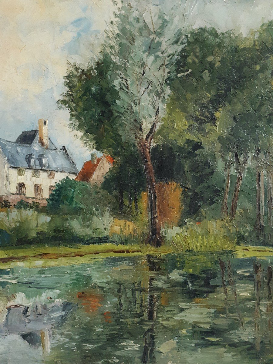 Tableau huile sur toile paysage lacustre P. Lerblet milieu 20ème-photo-3