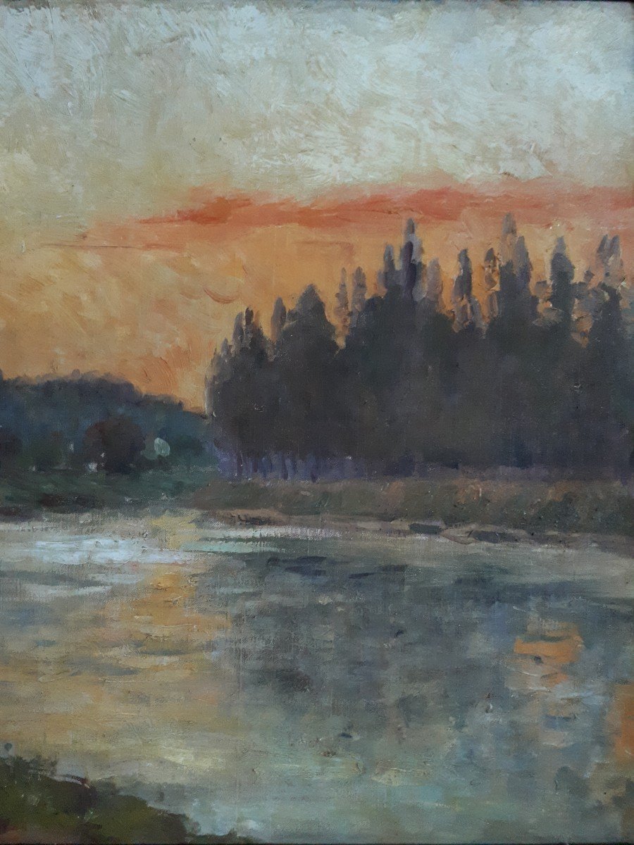 Louis MAILFAIRE  - Les rives de la Seine à Boulogne - tableau huile sur toile paysage au crépuscule - 1911-photo-4