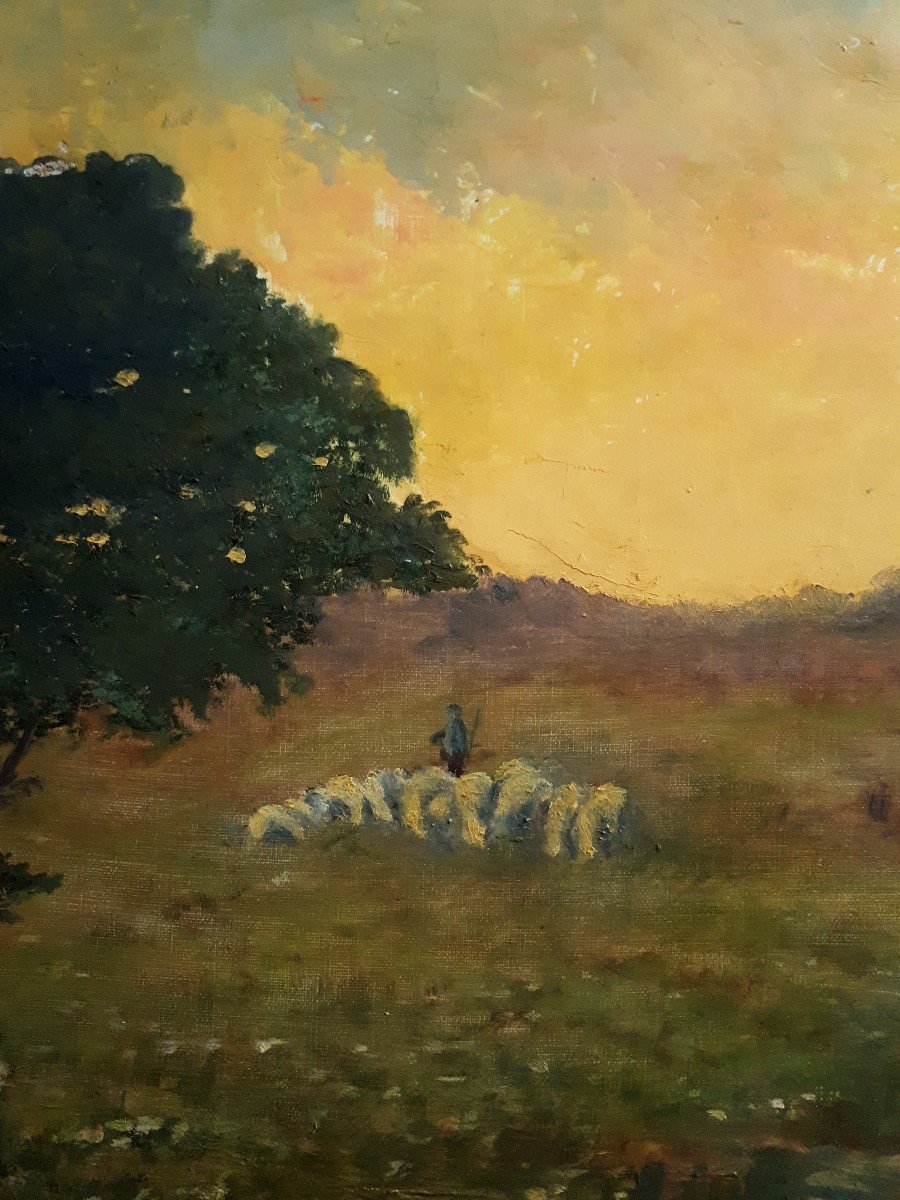 Oil On Canvas Landscape Pastoral Scene Sheep Dusk Dawn Early 20th Century (signed, Dated)-photo-3