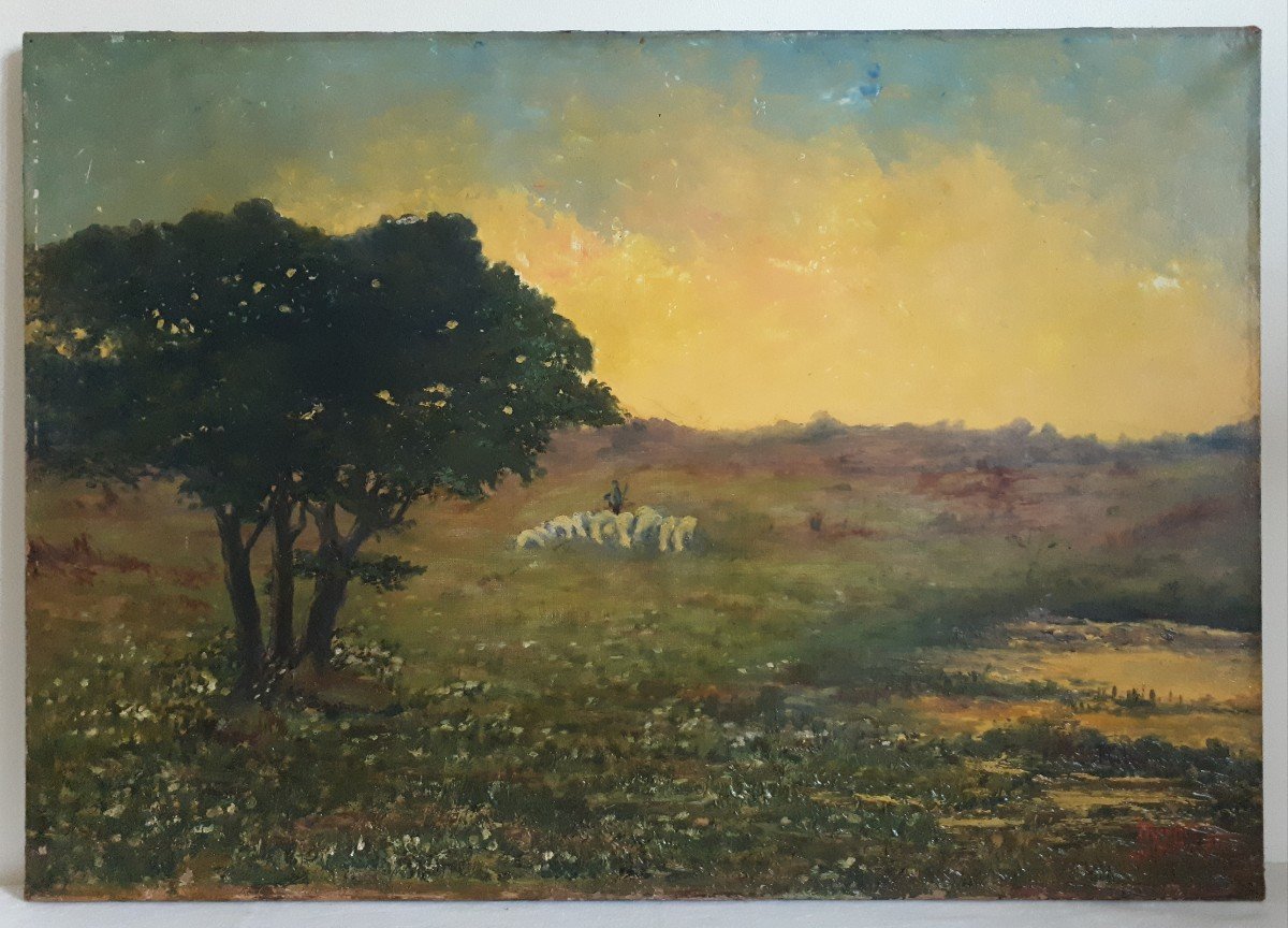 Oil On Canvas Landscape Pastoral Scene Sheep Dusk Dawn Early 20th Century (signed, Dated)