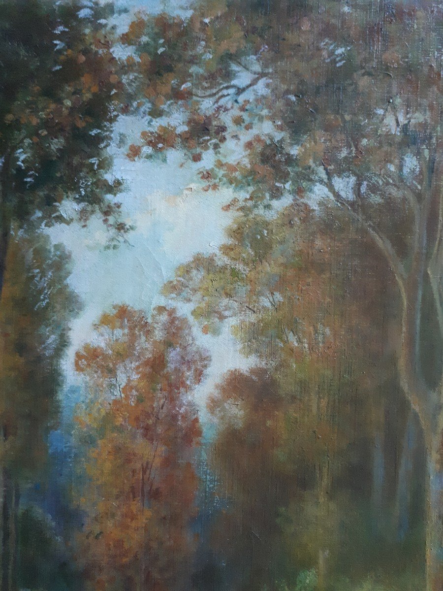 Tableau huile sur toile paysage animé sous-bois scène extérieure peintre début XXème-photo-5