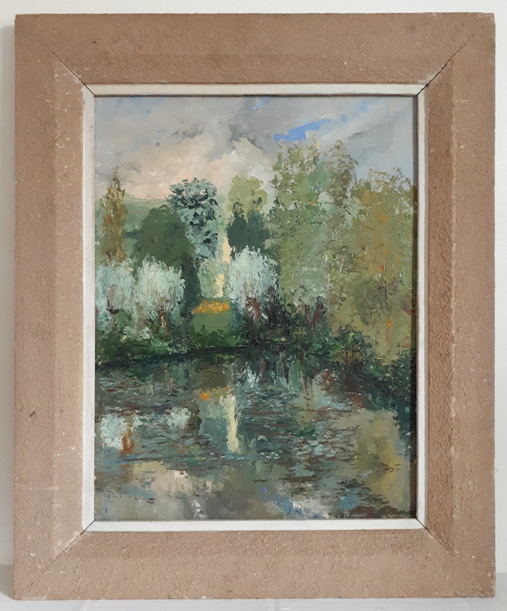 Tableau huile C. MEUNIER paysage lacustre impressionnisme -photo-2