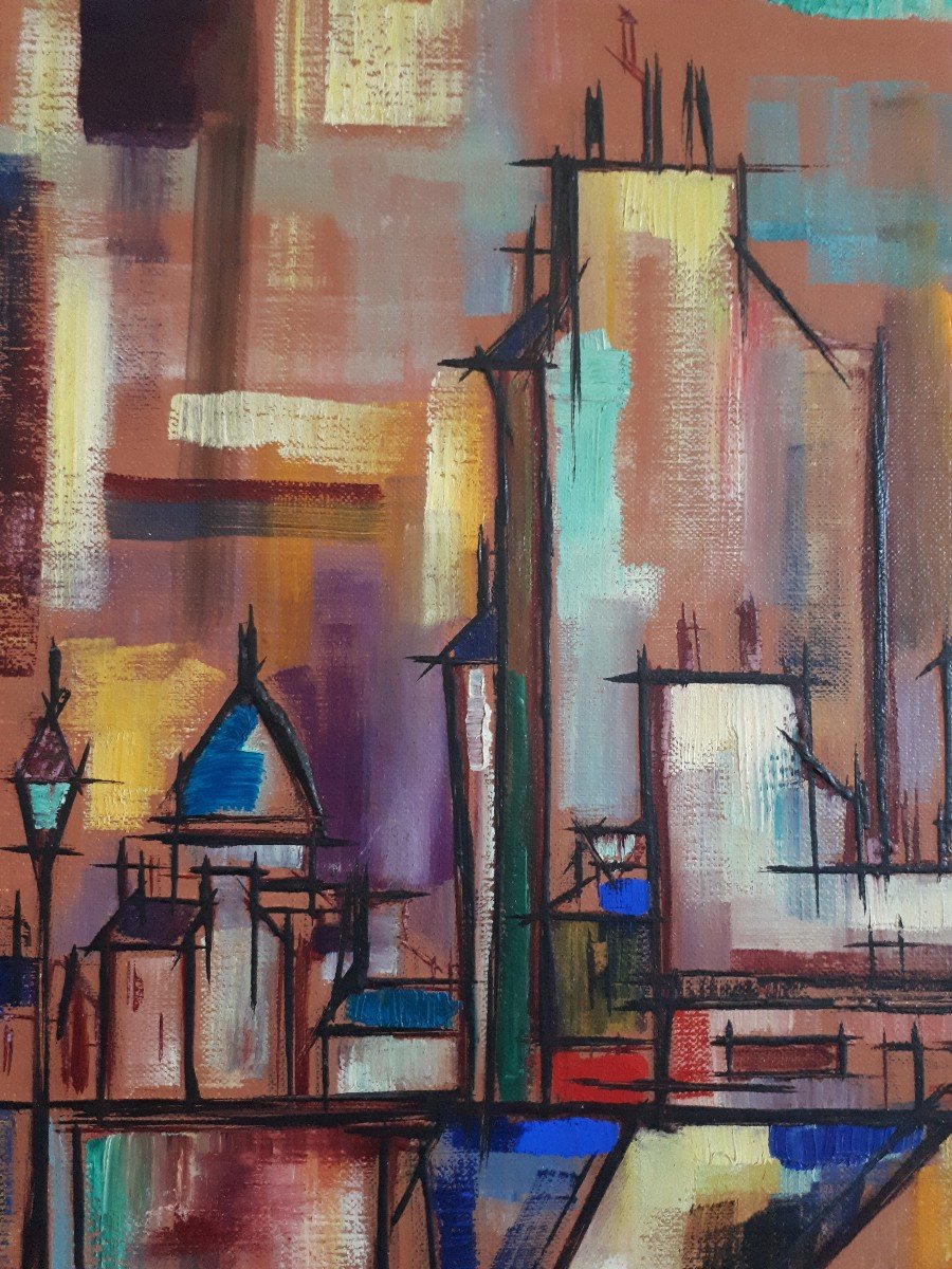 Painting Oil On Canvas Urban Landscape Abstract 1960/1970 (signed)-photo-2