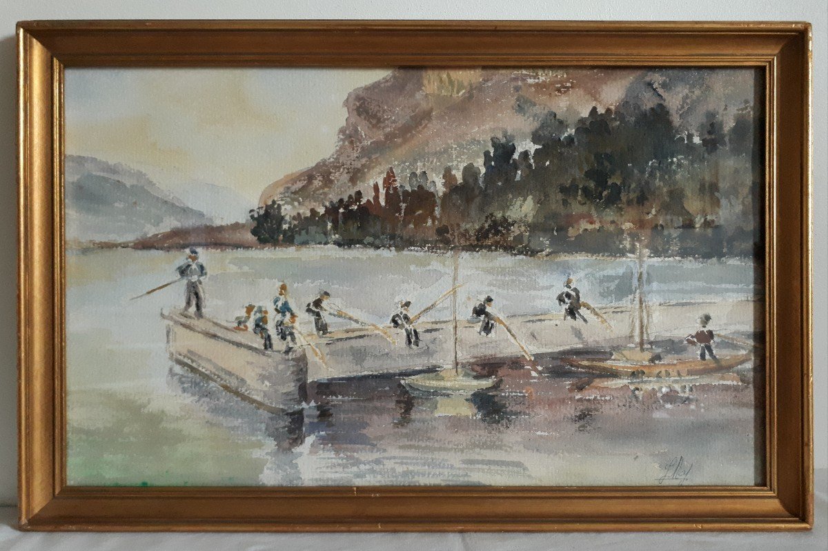 Aquarelle Lac du Bourget Aix les Bains pêcheurs 1959 (signé)