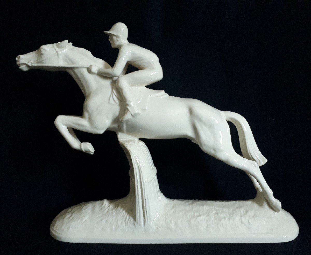 Sculpture en céramique jockey cavalier cheval Sarreguemines 1930 Art Déco-photo-2