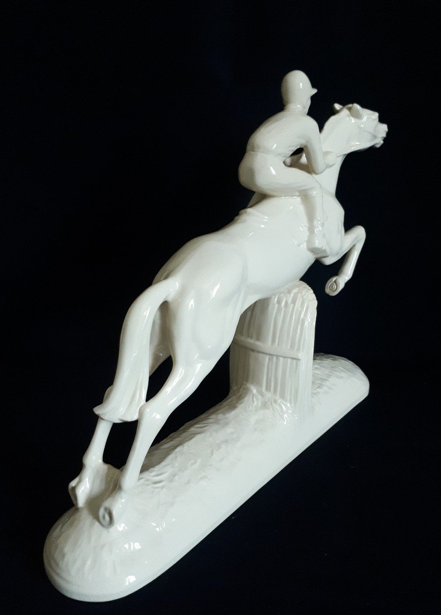 Sculpture en céramique jockey cavalier cheval Sarreguemines 1930 Art Déco-photo-4