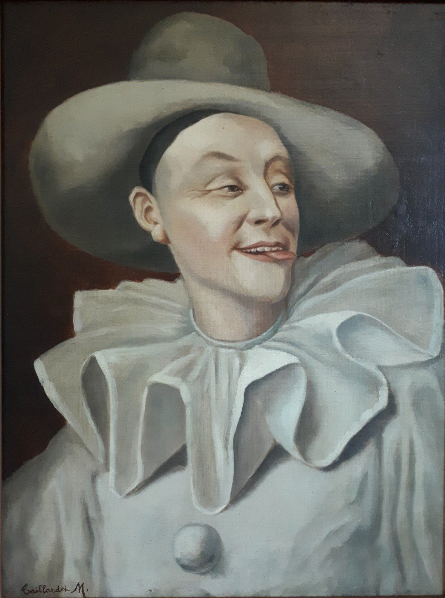 Tableau portrait de Pierrot commedia dell'arte TAILLARDET M. huile sur toile fin 19ème-photo-2