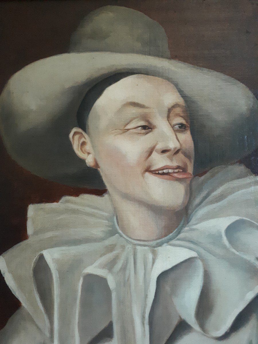 Tableau portrait de Pierrot commedia dell'arte TAILLARDET M. huile sur toile fin 19ème-photo-3