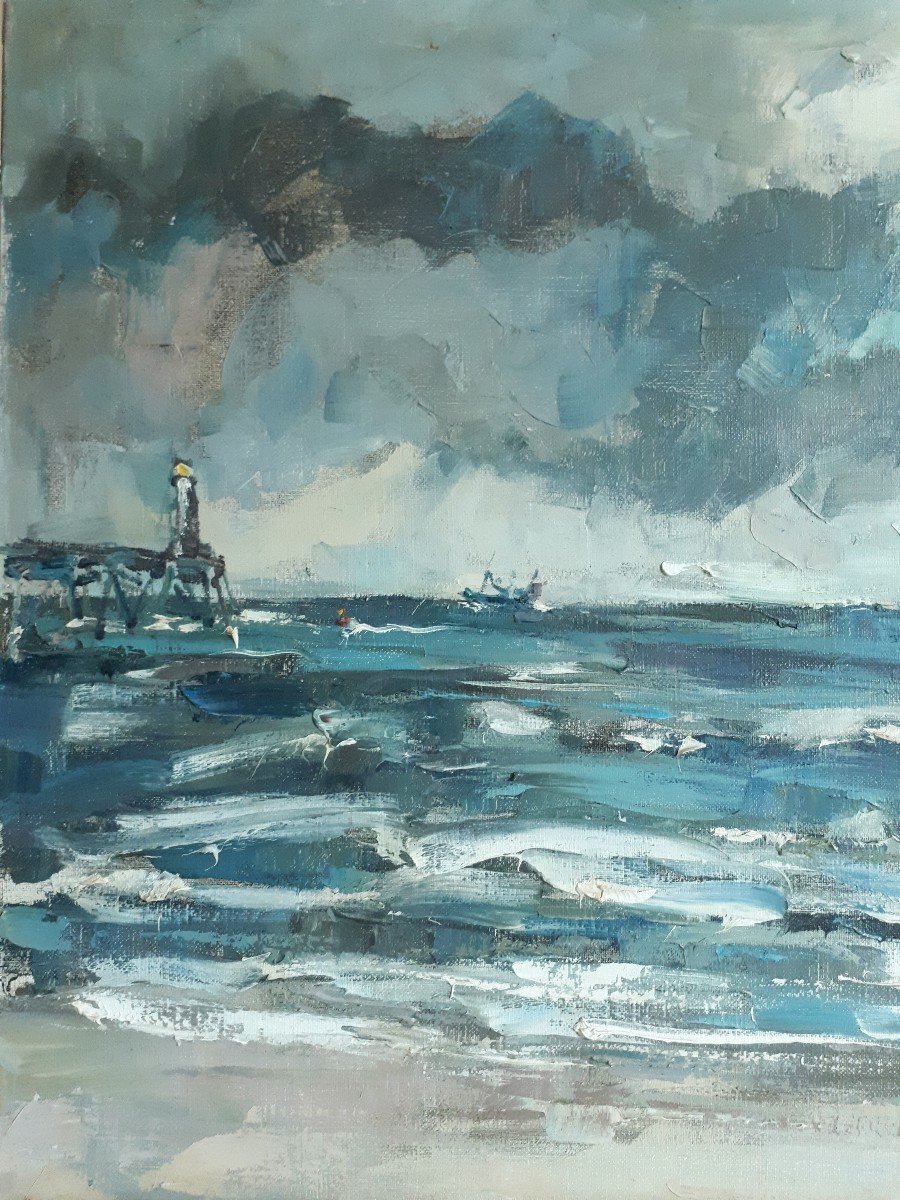 Achiel Lombaert (1911-1990) Oil On Canvas Marine Seaside Boats-photo-2
