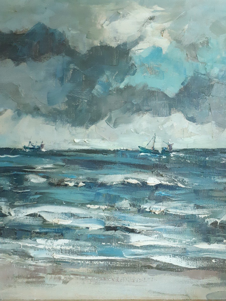 Achiel Lombaert (1911-1990) Oil On Canvas Marine Seaside Boats-photo-3