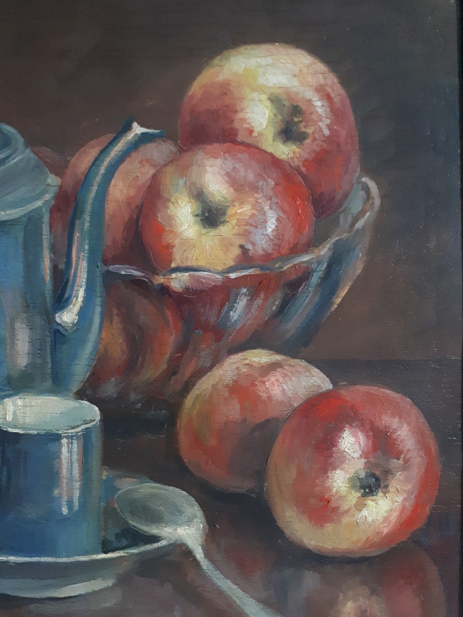 Pair Of Paintings Oil On Wood Still Life With Fruits Apples Pears H. Bolard-photo-4