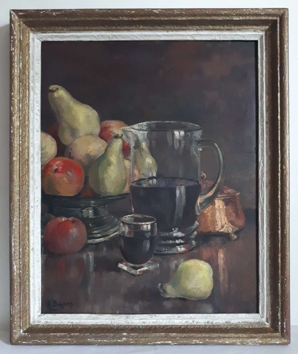 Paire de tableaux huile sur bois nature morte aux fruits pommes poires H. Bolard-photo-2