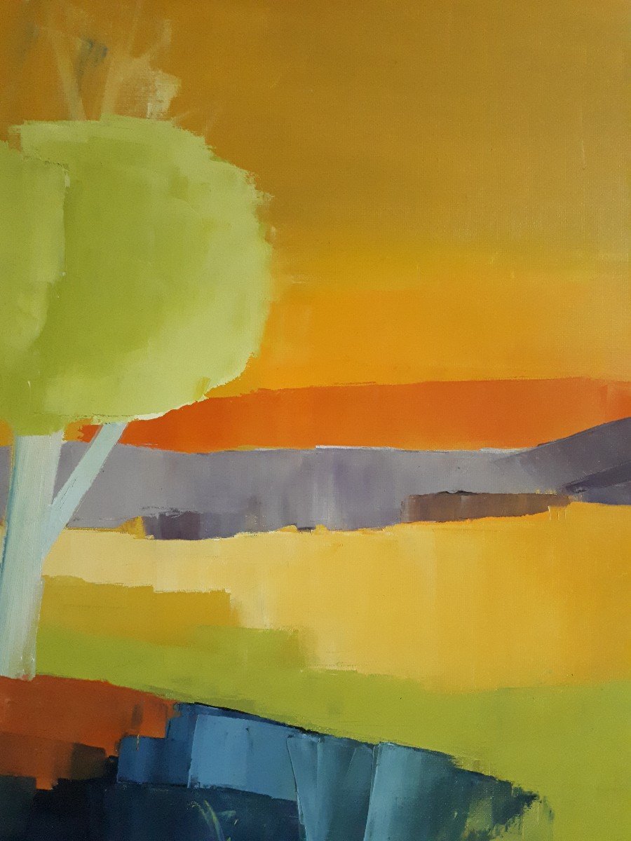 Painting Oil On Canvas Landscape At Sunset 1960/1970-photo-3