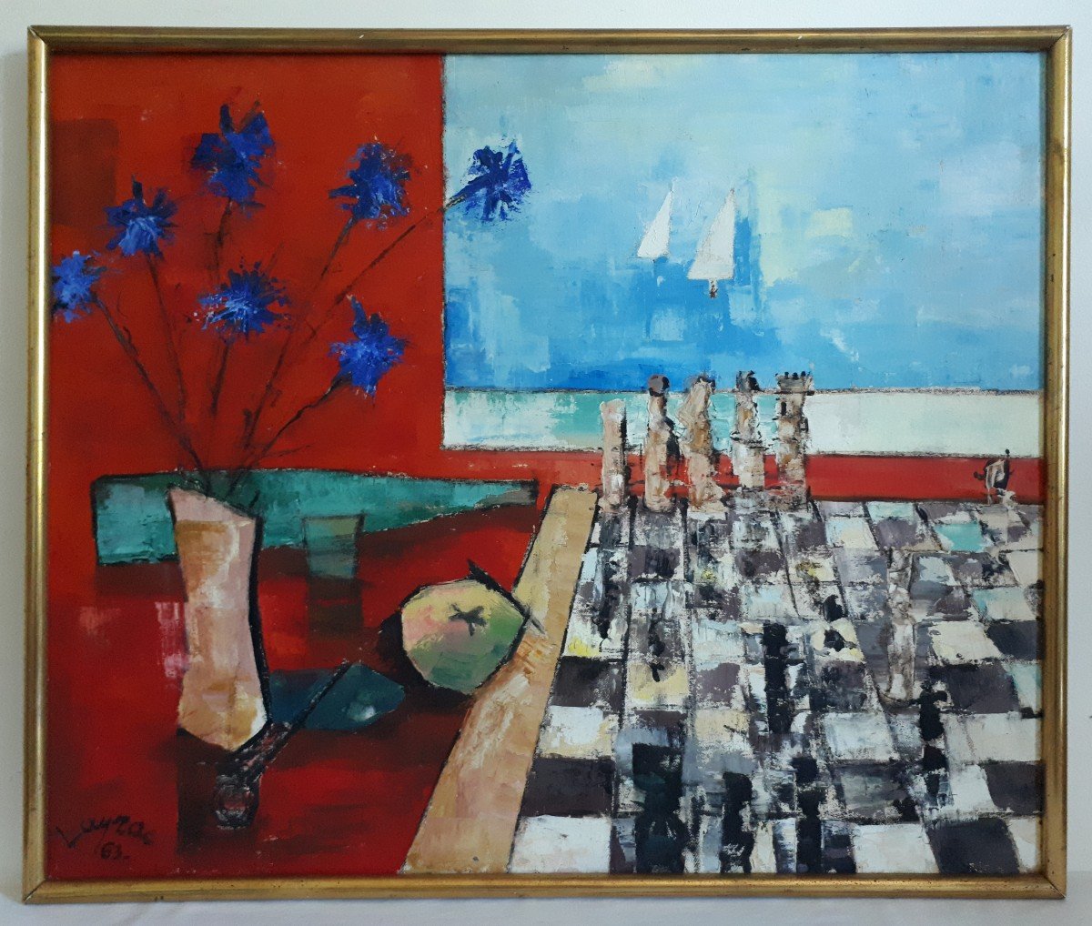 Oil On Canvas Still Life Bouquet Of Flowers Chess Layrac 1963