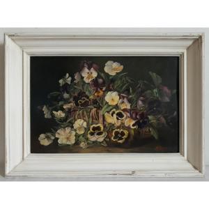 N. Thiaut Painting Oil On Wood Still Life With Pansy Flowers 1904 Early 20th