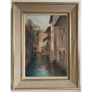 Anne-Marie VIDAILLET (1891-1974) huile sur toile paysage rivière canal