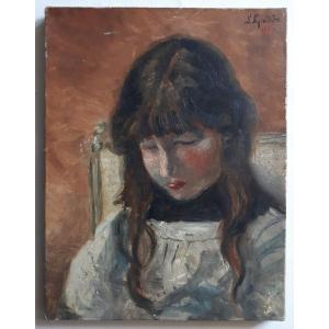 Portrait fillette huile sur toile impressionnisme L. Godde 1914
