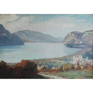Henri Durand (1911-?) Oil On Wood Landscape Lac Du Bourget Alps