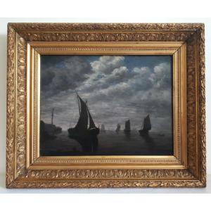 Oil On Wood Seascape At Dusk Marine Port 1921 (signed)