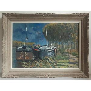 Henri Auchere (1908-2000) Oil On Canvas River Landscape Barges