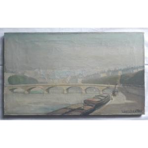 Huile sur toile L. Cambrillat vue de Lyon le pont du Change quais de Saône péniches