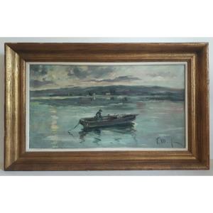Huile sur toile marine paysage marin au crépuscule barque fin 19ème impressionnisme