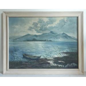 Oil On Canvas Lake Landscape Lake Mountain  Boat C. Schmidt