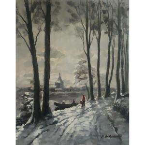 Huile sur bois paysage lacustre hivernal enneigé H. DE RUDDER