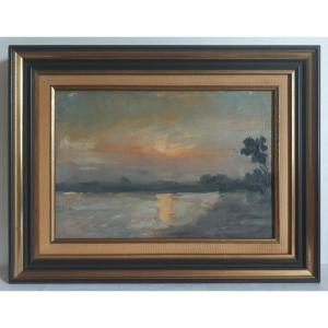Emile AVON (1847-1914) huile sur toile paysage marin au crépuscule