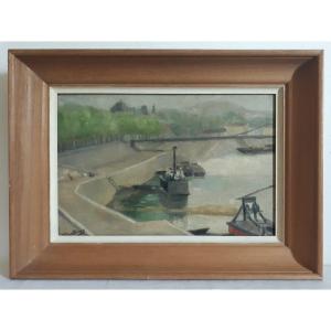 Oil On Wood River Landscape Barges H. Gautherin