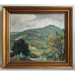 Ginette RAPP (1828-1998) huile sur panneau paysage vallonné