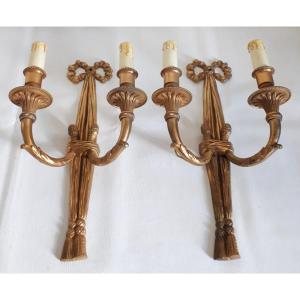 Pair Of Gilded Bronze Sconces Trimmings Ribbons Louis XVI Style