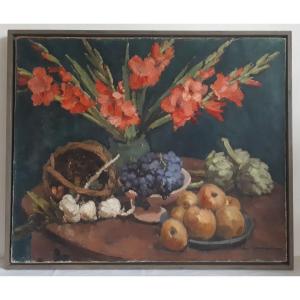 Maurice Journaux Oil On Canvas Still Life With Gladioli