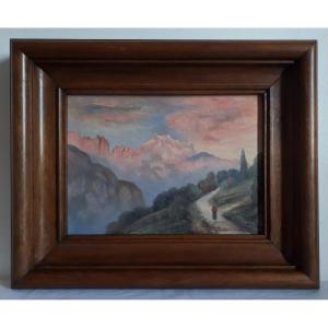 Anne-Marie VIDAILLET (1891-1974) huile sur toile paysage de montagne au coucher de soleil