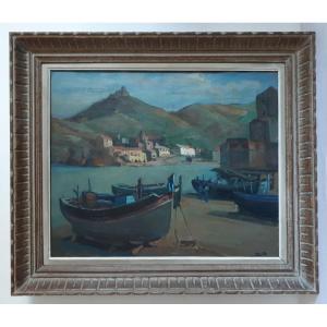 Gilbert Sailly (1916-1997) Port Of Collioure And Fort Saint-elme Oil On Canvas