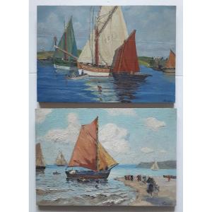 Paire de tableaux huiles sur bois marines retours de pêche Bretagne (signés)