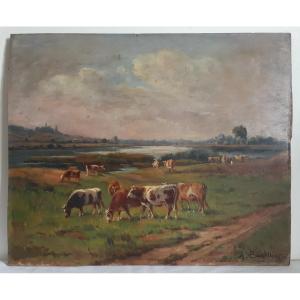 Amable BOUILLIER (1867-1940) huile sur panneau vaches au pré