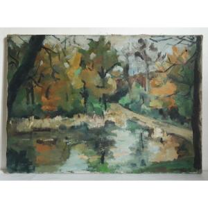 Tableau huile sur toile paysage lacustre automnal