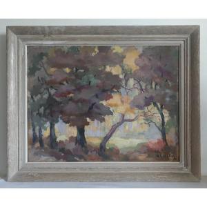 Huile sur toile paysage automnal automne M. Michallon