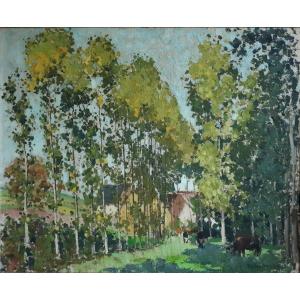 Paul Anderbouhr (1909-2006) Oil On Canvas Landscape With Polplars Post-impressionism