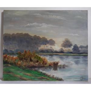 Oil On Canvas Lake Landscape Royer