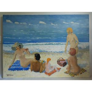 Large Painting Oil On Canvas Beach Scene Jacques Blanchard