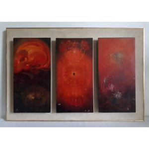 Raphaël Ghislain (born 1928) Oil On Wood - Little Red Triptych 1971 - Abstract