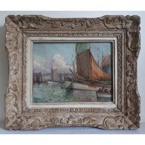 François Gueho (1881-1951) Oil On Canvas Marine Breton Port Brittany