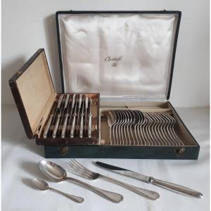 Christofle Cutlery Set 48 Pieces 12 Cutlery Model Crossed Ribbons Louis XVI Style Silver Metal