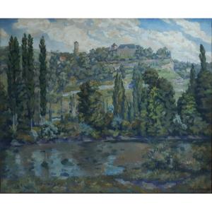 Paul Henri LAPREVOTTE - Sur les bords de la Dordogne - huile sur toile paysage début XXème