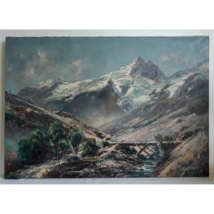 Jules IZIER huile sur toile la Meije le Chazelet le torrent paysage de montagne Alpes