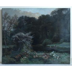 Henry-Arthur BONNEFOY (1839-1917) huile sur toile paysage animé rivière 19ème