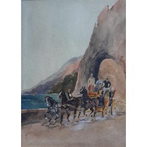 Marie Augustin Maurice BEDEL 19ème aquarelle bord de mer chevaux diligence carrosse