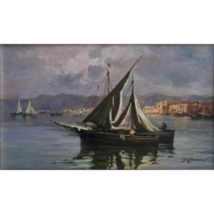 Leon Giuseppe BUONO (1887-1975) huile sur bois marine Italie Naples